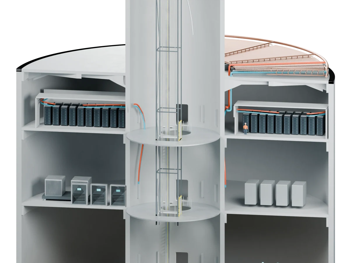 Cutaway of the ECO TLP foundation showing server racks on the upper deck, equipment on the deck below, and the central access shaft.