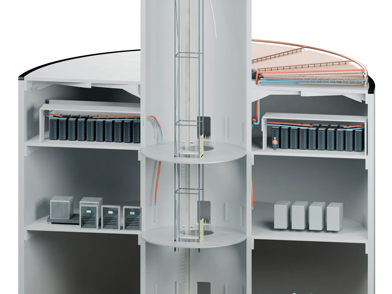 Close view of server racks and supporting equipment on solid decks within the ECO TLP foundation.
