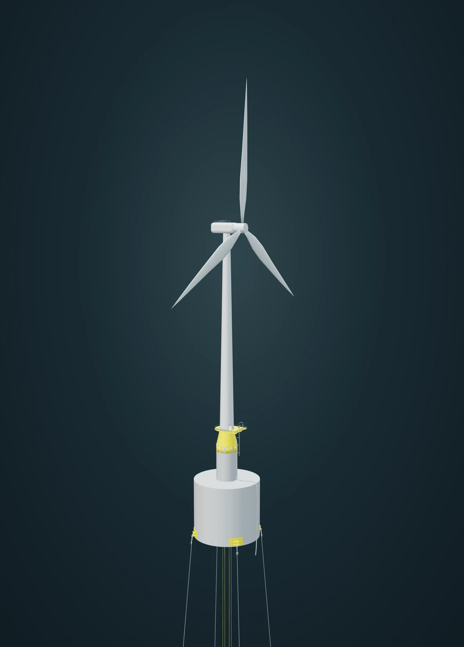 Solid full-unit model view of an offshore wind turbine on the ECO TLP floating foundation, with its access platform and mooring lines.