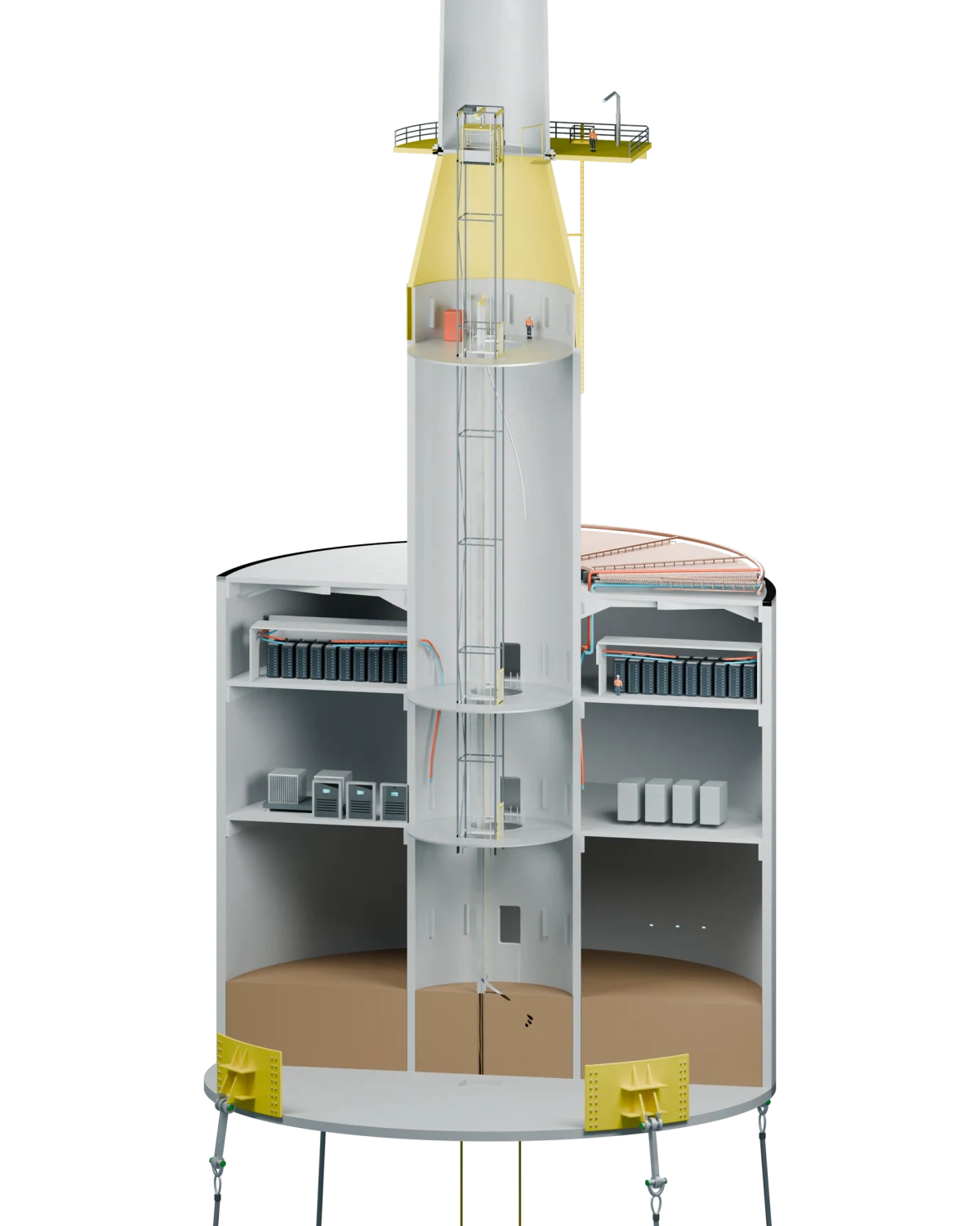 Opaque cutaway of the ECO TLP foundation showing the access shaft, server racks on the upper deck, equipment below, and solid ballast.